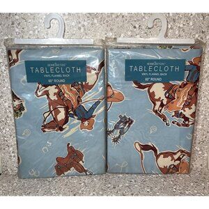 Vinyl Round Tablecloth Cowboy Western Rodeo Felt Backing 60" NEW VTG Lot of 2